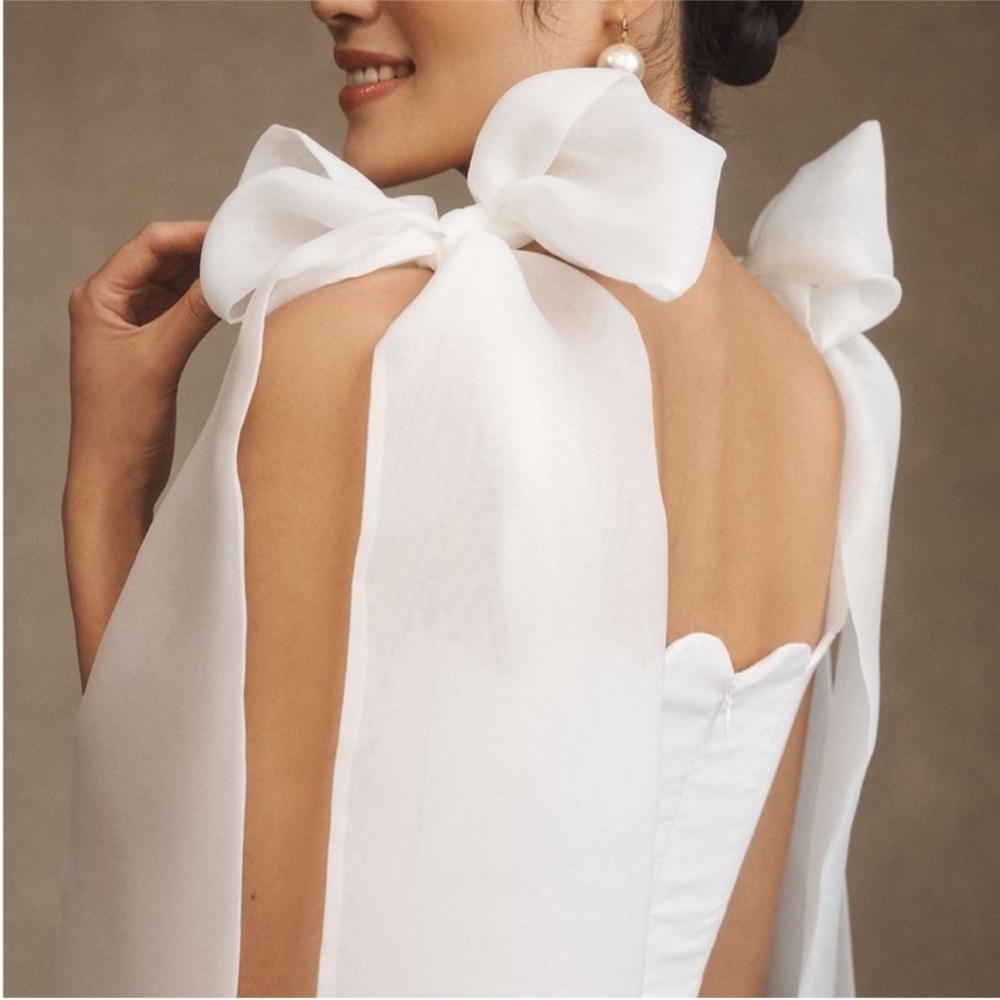 BHLDN White Scalloped Mini Dress with Shoulder Bows - Picture 3 of 14